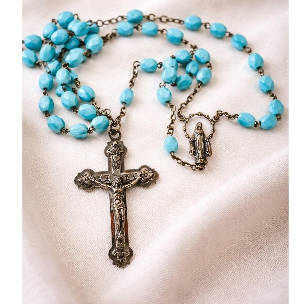 Antique European Rosary 820 Silver Crucifix Marian Medal‎ Blue Glass Beads